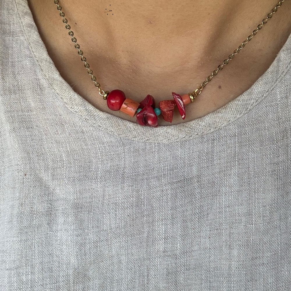 Handcrafted Minimalist Genuine Coral and Turquoise  Gold Tone Necklace